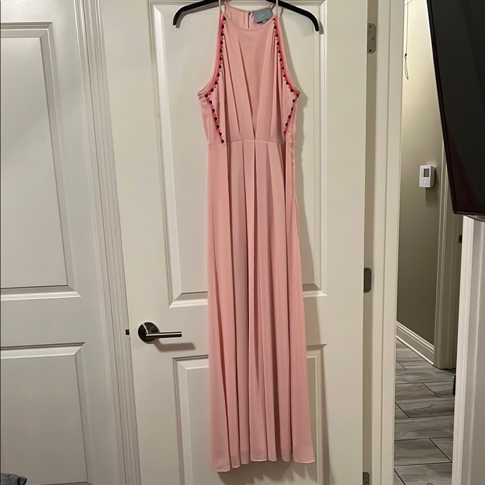 Skies Are Blue Pastel Pink with blue accents Halter Lined Maxi Gown Size Small